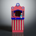 Colorful Puppet Theater Furniture With Red Blue Stripes Star Accents Top Emblem And Puppet Figures
