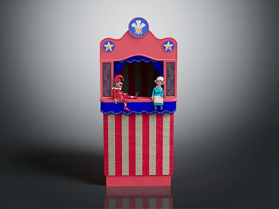 Colorful Puppet Theater Furniture With Red Blue Stripes Star Accents Top Emblem And Puppet Figures 3d model