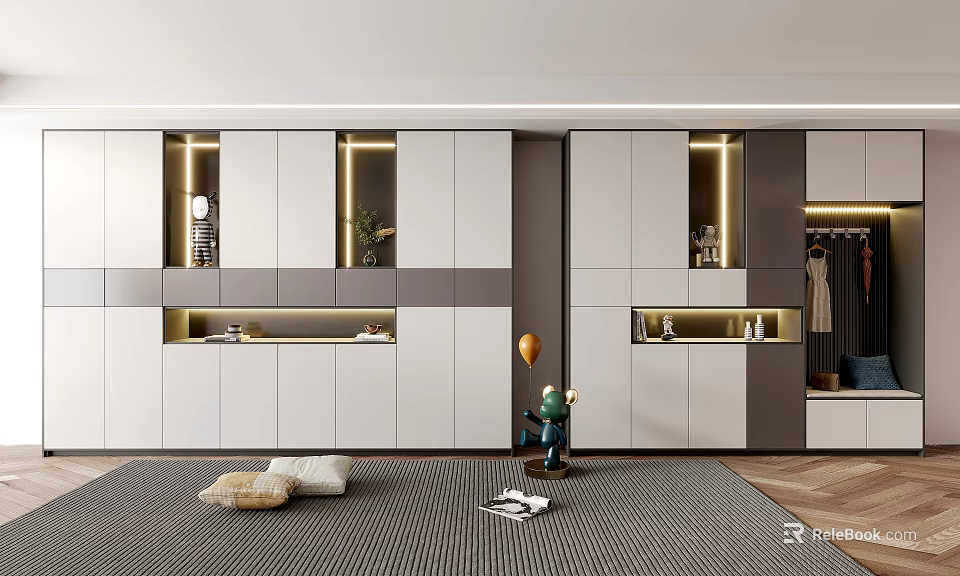 Modern Shoe Cabinet With LED Lighting And Open Shelves White Gray Sleek Minimalist Interior Design 3d model 