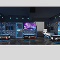 Modern Shop Front Desk With Neon Lights Digital Screen And Circular Pattern Wall Design 3d model