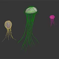 Three Vibrant Purple and Blue Jellyfish with Long Tentacles on Dark Background with Reflections