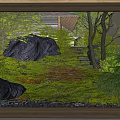 Traditional Garden Landscape View Through Wooden Framed Window With Mossy Ground Stones And Trees
