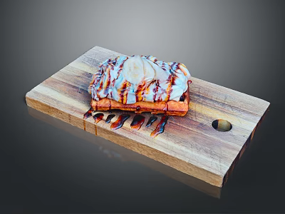 Delicious Toasted Bread With Cream Topping And Drizzled Brown Sauce On Wooden Board 3d model