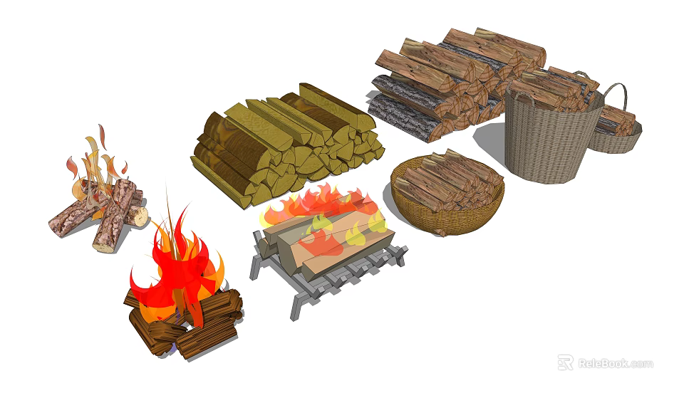 Natural Stone And Stacked Wood Logs For Outdoor Fireplace With Burning Flames 3d model 
