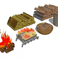 Natural Stone And Stacked Wood Logs For Outdoor Fireplace With Burning Flames