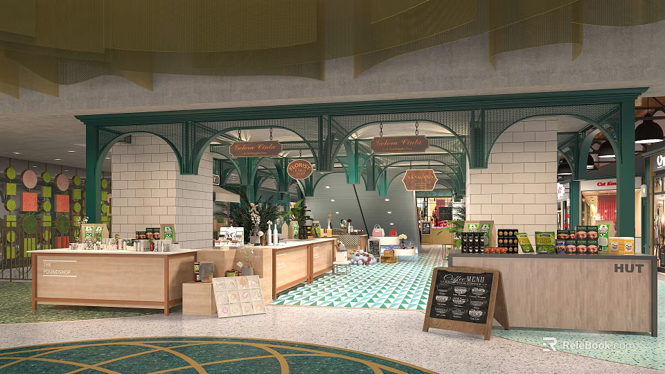 Shopping Mall Lobby Interior With Green Arch Structures Wooden Counters And Colorful Floor Tiles 3d model 