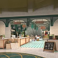 Shopping Mall Lobby Interior With Green Arch Structures Wooden Counters And Colorful Floor Tiles