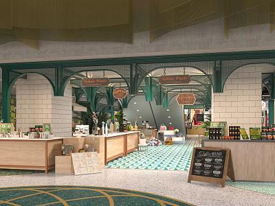 Shopping Mall Lobby Interior With Green Arch Structures Wooden Counters And Colorful Floor Tiles 3d model
