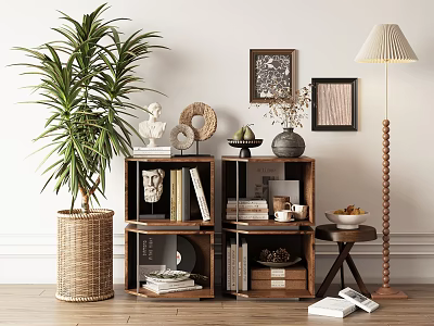 Wooden Multi Tiered Decorative Cabinet With Books Sculptures And Potted Plant 3d model