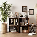 Wooden Multi Tiered Decorative Cabinet With Books Sculptures And Potted Plant