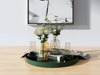 Elegant Vases With White Green Flowers On Green Tray Wooden Tabletop Background Black White Painting 3d model