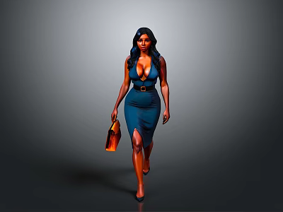 Confident Woman In Blue Fitted Dress Walking With Brown Handbag 3d model