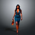 Confident Woman In Blue Fitted Dress Walking With Brown Handbag