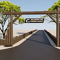 Scenic Natural Entrance With Wooden Archway Trees Deer Sculptures And Road