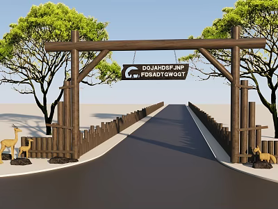 Scenic Natural Entrance With Wooden Archway Trees Deer Sculptures And Road 3d model