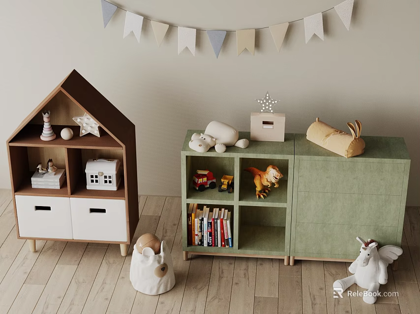 House Shaped Children's Bookshelf With Green Cabinet Toys Books And Bunting Flags On Wooden Floor 3d model 