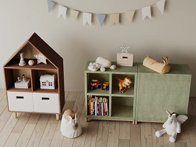 House Shaped Children's Bookshelf With Green Cabinet Toys Books And Bunting Flags On Wooden Floor 3d model