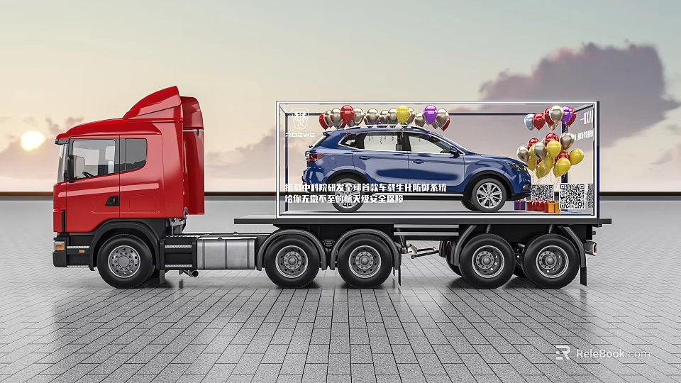 Tobacco and Alcohol Store Promotion Red Truck Transparent Display Blue Car Balloons QR Code 3d model 