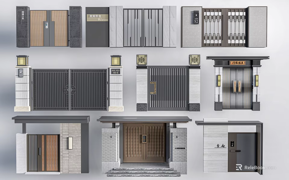 Different Modern Entrance Gates With Wooden Metal Stone Designs Grille Patterns And Wall Lights 3d model 