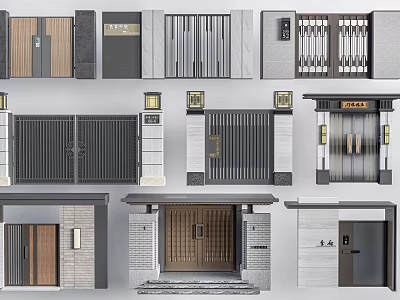 Different Modern Entrance Gates With Wooden Metal Stone Designs Grille Patterns And Wall Lights 3d model