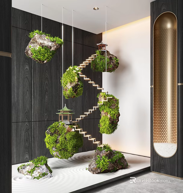 Garden Ornaments Featuring Hanging Mossy Stones Spiral Staircase Small Pavilions and Wooden White Walls 3d model 