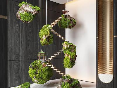 Garden Ornaments Featuring Hanging Mossy Stones Spiral Staircase Small Pavilions and Wooden White Walls 3d model