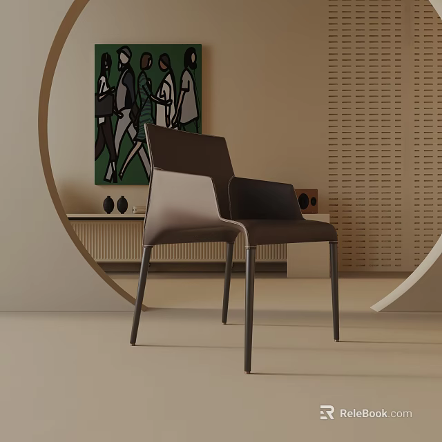 Modern Leisure Chair With Brown Leather Upholstery And Sleek Metal Legs Against Minimalist Wall Art 3d model 