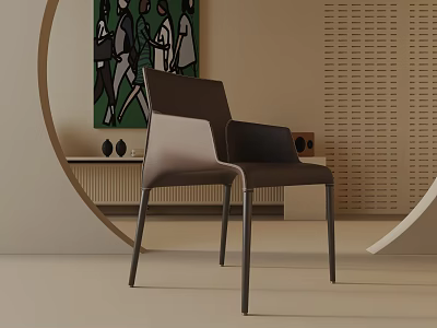 Modern Leisure Chair With Brown Leather Upholstery And Sleek Metal Legs Against Minimalist Wall Art 3d model