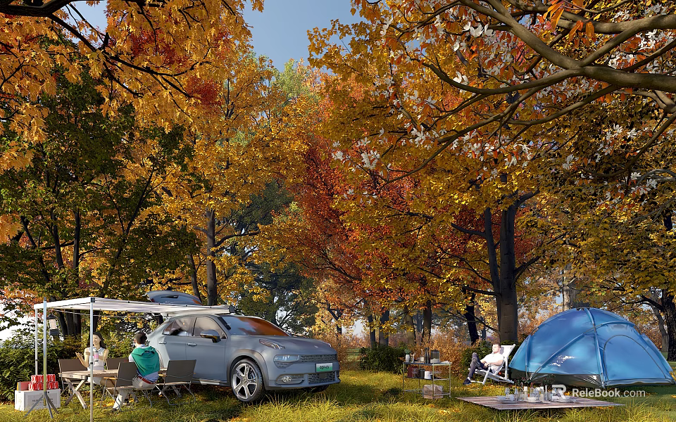 Scenic Autumn Landscape with Vibrant Fall Leaves Camping Tent Car and Green Grass 3d model 