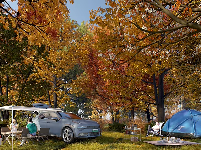 Scenic Autumn Landscape with Vibrant Fall Leaves Camping Tent Car and Green Grass 3d model