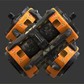 Two Orange And Black Daily Household Appliances With Gears And Structure On Black Reflective Surface