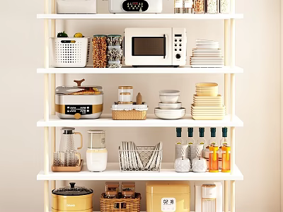 Organized Tableware Set Display On Multi Tiered White Kitchen Shelf With Storage 3d model