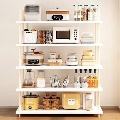 Organized Tableware Set Display On Multi Tiered White Kitchen Shelf With Storage 3d model
