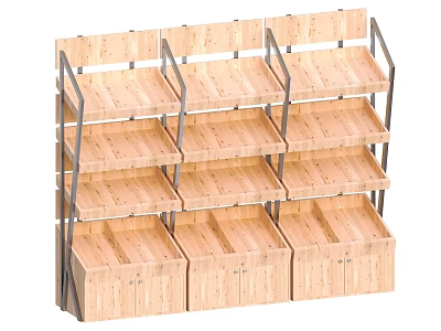 Multi Tier Wooden Display Shelves With Metal Frames And Storage Bins 3d model