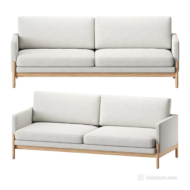 Minimalist Light Colored Two Seater Sofa with Upholstered Fabric and Wooden Legs for Living Room 3d model 