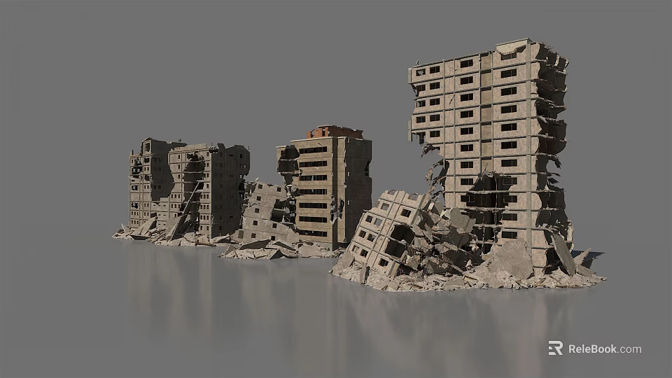Collapsed Building Structures Featuring Damaged Concrete Debris And Fallen Walls 3d model 