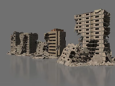 Collapsed Building Structures Featuring Damaged Concrete Debris And Fallen Walls 3d model