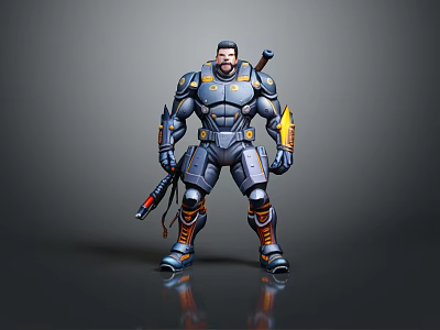 Futuristic Game Movie Character In Blue Orange Metallic Armor Holding Weapon Standing Pose 3d model