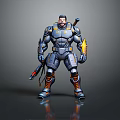Futuristic Game Movie Character In Blue Orange Metallic Armor Holding Weapon Standing Pose