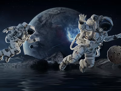 Space Themed Wall Decor Featuring Astronauts Giant Planet Asteroids And Water Reflection 3d model
