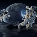 Space Themed Wall Decor Featuring Astronauts Giant Planet Asteroids And Water Reflection 3d model