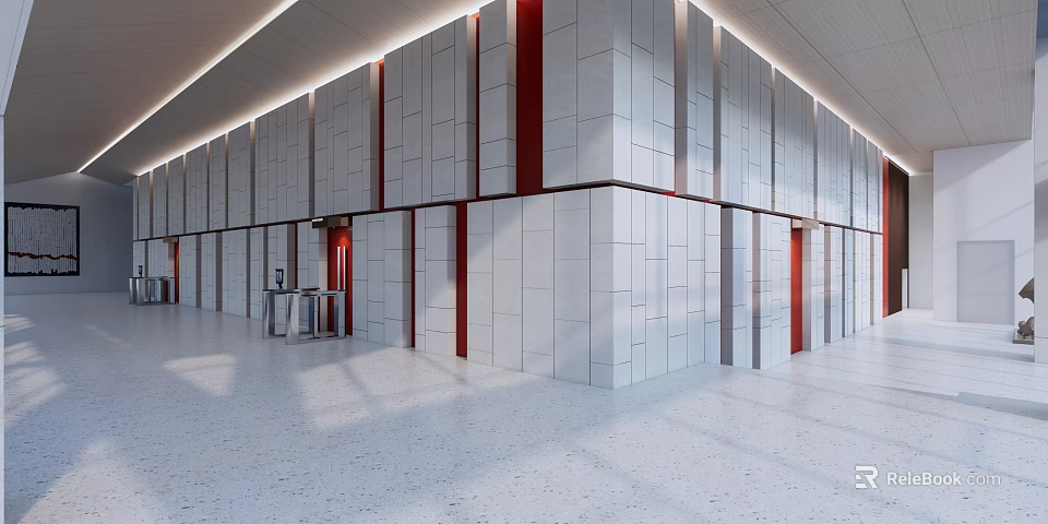 Spacious Modern Hall Interior Design With White Walls Red Accent Strips And Light Floor 3d model 