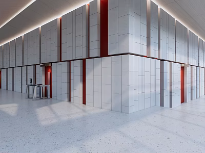 Spacious Modern Hall Interior Design With White Walls Red Accent Strips And Light Floor 3d model