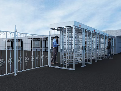 Public Facility Security Turnstile Gates With Decorative Fence And People Passing Through 3d model