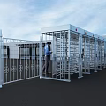 Public Facility Security Turnstile Gates With Decorative Fence And People Passing Through