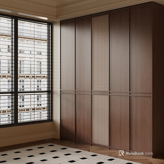 Modern Wooden Wardrobe Interior Design With Grid Pattern And Brown Finish 3d model