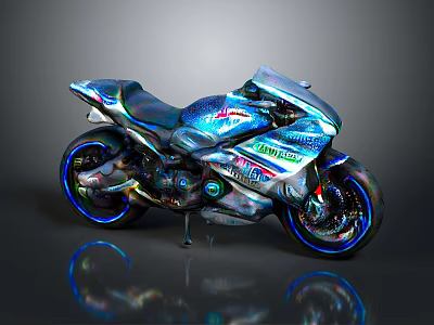 Futuristic Metallic Blue Motorcycle With Sleek Design Shiny Body Graphics And Blue Rim Wheels 3d model
