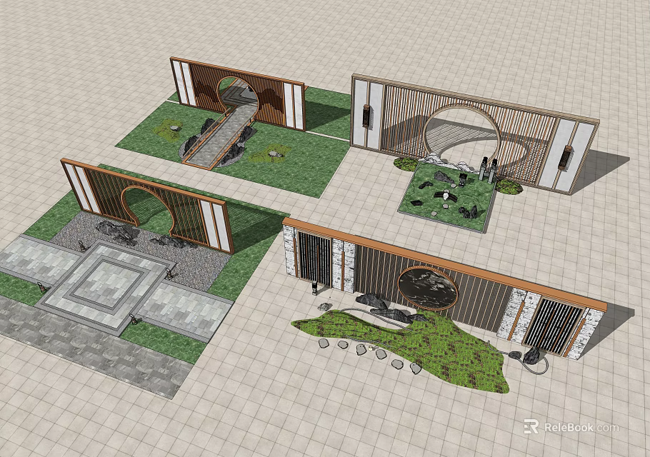 Modern Garden Wall Designs Featuring Circular Openings Wooden Frames Greenery And Stone Paths 3d model