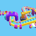 Colorful Industrial Conveyor System With Purple Machinery And Orange Mechanical Tracks