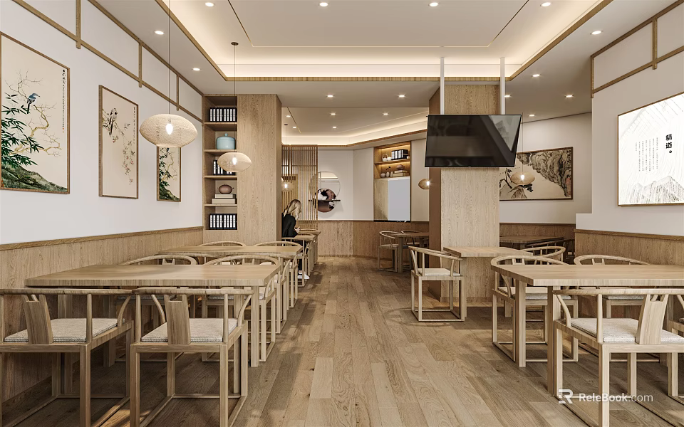 Spacious Open Restaurant Interior With Wooden Tables Chairs Pendant Lights Wall Decorations And TV 3d model 